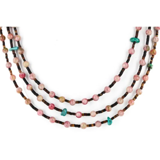 Certified Authentic 3 Strand Navajo .925 Sterling Silver Natural Turquoise Pink Agate and Heishi Native American Necklace 25246-4 Certified Authentic 3 Strand Navajo .925 Sterling Silver Natural Turquoise Pink Agate and Heishi Native American Necklace 25246-4