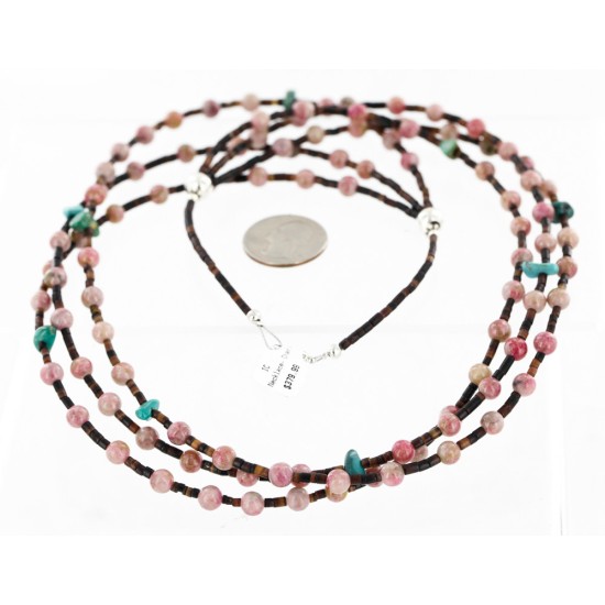 Certified Authentic 3 Strand Navajo .925 Sterling Silver Natural Turquoise Pink Agate and Heishi Native American Necklace 25246-4 Certified Authentic 3 Strand Navajo .925 Sterling Silver Natural Turquoise Pink Agate and Heishi Native American Necklace 25246-4