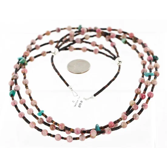 Certified Authentic 3 Strand Navajo .925 Sterling Silver Natural Turquoise Pink Agate and Heishi Native American Necklace 25246-4 Certified Authentic 3 Strand Navajo .925 Sterling Silver Natural Turquoise Pink Agate and Heishi Native American Necklace 25246-4