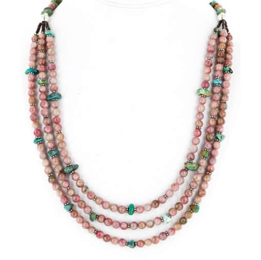 Certified Authentic 3 Strand Navajo .925 Sterling Silver Natural Turquoise Pink Agate Native American Necklace 25246-3 Certified Authentic 3 Strand Navajo .925 Sterling Silver Natural Turquoise Pink Agate Native American Necklace 25246-3