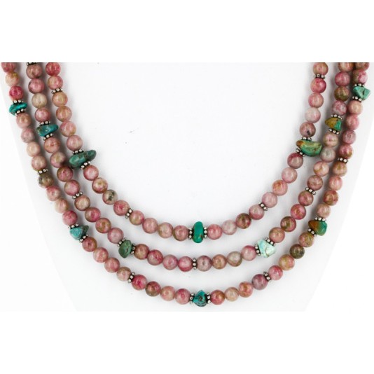 Certified Authentic 3 Strand Navajo .925 Sterling Silver Natural Turquoise Pink Agate Native American Necklace 25246-3 Certified Authentic 3 Strand Navajo .925 Sterling Silver Natural Turquoise Pink Agate Native American Necklace 25246-3