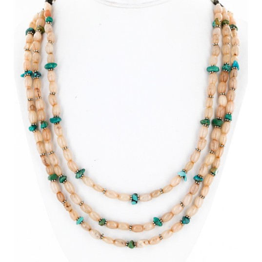 Certified Authentic 3 Strand Navajo .925 Sterling Silver Natural Turquoise Pink Quartz Native American Necklace 25246-1 Certified Authentic 3 Strand Navajo .925 Sterling Silver Natural Turquoise Pink Quartz Native American Necklace 25246-1