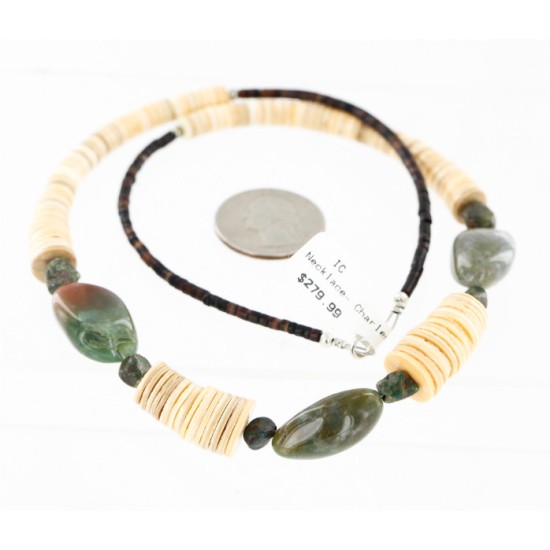 Certified Authentic Navajo .925 Sterling Silver Graduated Melon Shell Agate and Turquoise Native American Necklace 25249-1 Certified Authentic Navajo .925 Sterling Silver Graduated Melon Shell Agate and Turquoise Native American Necklace 25249-1