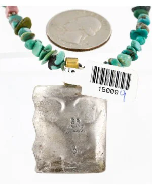 $590 12kt Gold Filled And .925 Sterling Silver Handmade KOKOPELI Certified Authentic Navajo Natural Turquoise Native American Necklace 15000-9 $590 12kt Gold Filled And .925 Sterling Silver Handmade KOKOPELI Certified Authentic Navajo Natural Turquoise Native American Necklace 15000-9