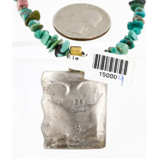 $590 12kt Gold Filled And .925 Sterling Silver Handmade KOKOPELI Certified Authentic Navajo Natural Turquoise Native American Necklace 15000-9 $590 12kt Gold Filled And .925 Sterling Silver Handmade KOKOPELI Certified Authentic Navajo Natural Turquoise Native American Necklace 15000-9