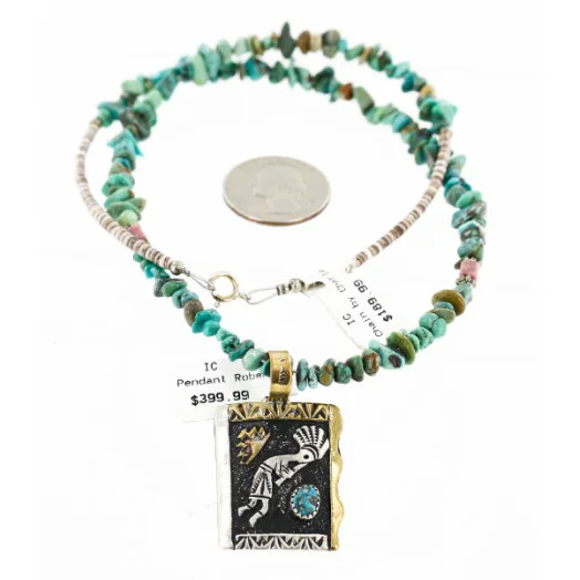 $590 12kt Gold Filled And .925 Sterling Silver Handmade KOKOPELI Certified Authentic Navajo Natural Turquoise Native American Necklace 15000-9 $590 12kt Gold Filled And .925 Sterling Silver Handmade KOKOPELI Certified Authentic Navajo Natural Turquoise Native American Necklace 15000-9