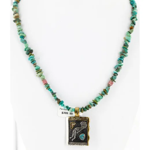 $590 12kt Gold Filled And .925 Sterling Silver Handmade KOKOPELI Certified Authentic Navajo Natural Turquoise Native American Necklace 15000-9 $590 12kt Gold Filled And .925 Sterling Silver Handmade KOKOPELI Certified Authentic Navajo Natural Turquoise Native American Necklace 15000-9