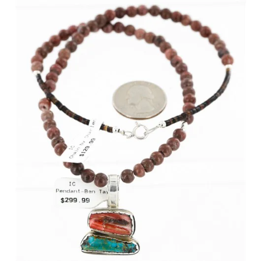 Handmade Certified Authentic Navajo .925 Sterling Silver Natural Spiny Oyster And Turquoise Native American Necklace 15926 Handmade Certified Authentic Navajo .925 Sterling Silver Natural Spiny Oyster And Turquoise Native American Necklace 15926