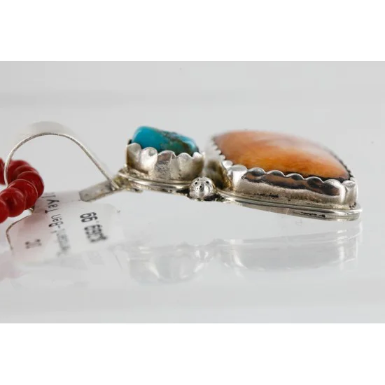 Handmade Certified Authentic Navajo .925 Sterling Silver Natural Spiny Oyster And Turquoise Native American Necklace 15908