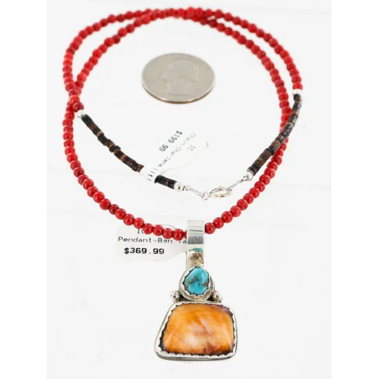 Handmade Certified Authentic Navajo .925 Sterling Silver Natural Spiny Oyster And Turquoise Native American Necklace 15908