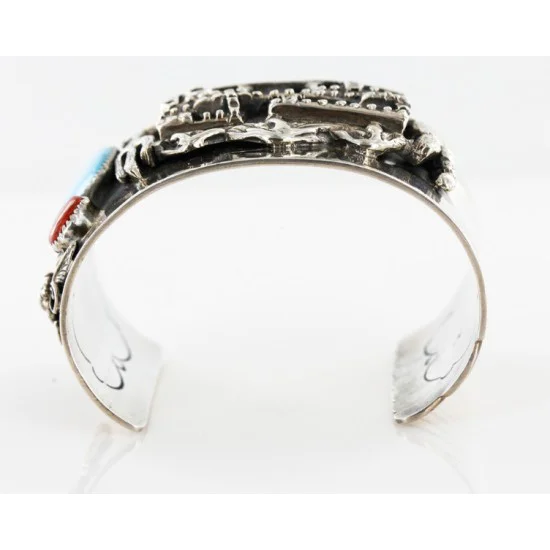 Pueblo Certified Authentic Navajo .925 Sterling Silver Natural Turquoise and Coral Native American Bracelet 12468
