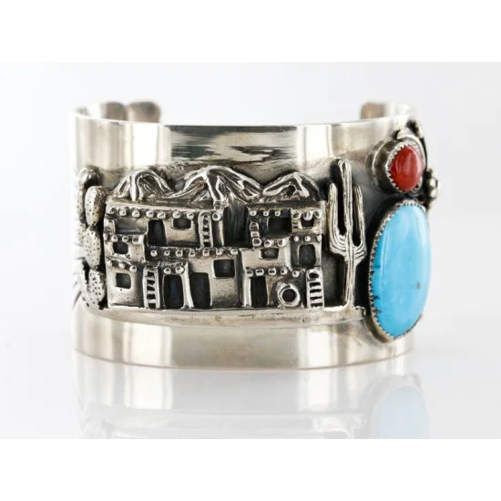 Pueblo Certified Authentic Navajo .925 Sterling Silver Natural Turquoise and Coral Native American Bracelet 12468