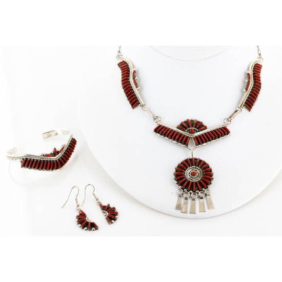 Petit Point Handmade Certified Authentic Signed Zuni .925 Sterling Silver Coral Set Native American Necklace Bracelet Earrings 15790-17946-12527 Sets 390959533157 15790-17946-12527 (by LomaSiiva)