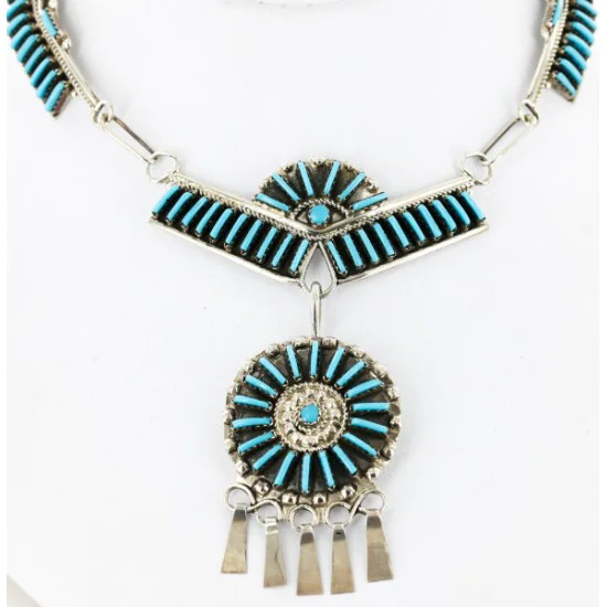 Petit Point Handmade Certified Authentic Zuni .925 Sterling Silver Turquoise Set Native American Necklace Earrings 15790-17946 Petit Point Handmade Certified Authentic Zuni .925 Sterling Silver Turquoise Set Native American Necklace Earrings 15790-17946