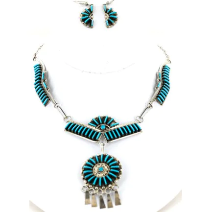 Petit Point Handmade Certified Authentic Zuni .925 Sterling Silver Turquoise Set Native American Necklace Earrings 15790-17946 Petit Point Handmade Certified Authentic Zuni .925 Sterling Silver Turquoise Set Native American Necklace Earrings 15790-17946
