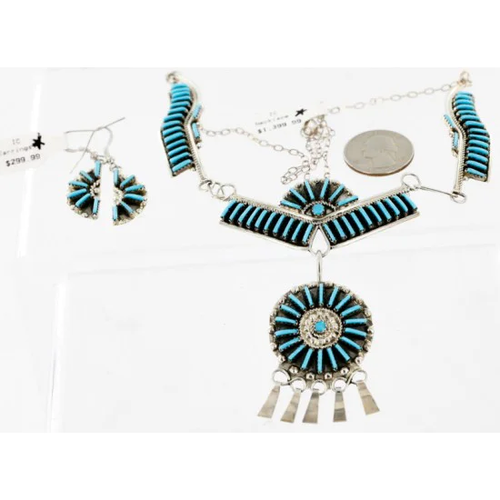 Petit Point Handmade Certified Authentic Zuni .925 Sterling Silver Turquoise Set Native American Necklace Earrings 15790-17946 Petit Point Handmade Certified Authentic Zuni .925 Sterling Silver Turquoise Set Native American Necklace Earrings 15790-17946