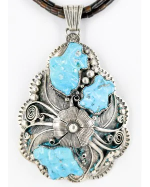 .925 Sterling Silver Handmade Flower Certified Authentic Navajo Signed By AB Turquoise Pendant Native American Necklace 15022-15684 .925 Sterling Silver Handmade Flower Certified Authentic Navajo Signed By AB Turquoise Pendant Native American Necklace 15022-15684