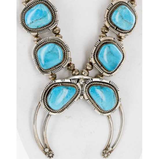 Handmade Certified Authentic Navajo .925 Sterling Silver Turquoise Squash Blossom Native American Necklace and Earrings Set Ray Begay 15740-17659