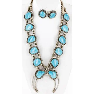 Handmade Certified Authentic Navajo .925 Sterling Silver Turquoise Squash Blossom Native American Necklace and Earrings Set Ray Begay 15740-17659 Handmade Certified Authentic Navajo .925 Sterling Silver Turquoise Squash Blossom Native American Necklace and Earrings Set Ray Begay 15740-17659