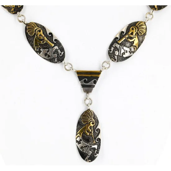 Handmade Certified Authentic Kokopelli Navajo .925 Sterling Silver and 12kt Gold Filled Set Native American Necklace and Bracelet 15870-12591 Handmade Certified Authentic Kokopelli Navajo .925 Sterling Silver and 12kt Gold Filled Set Native American Necklace and Bracelet 15870-12591