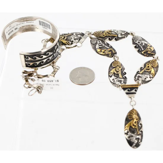 Handmade Certified Authentic Kokopelli Navajo .925 Sterling Silver and 12kt Gold Filled Set Native American Necklace and Bracelet 15870-12591 Handmade Certified Authentic Kokopelli Navajo .925 Sterling Silver and 12kt Gold Filled Set Native American Necklace and Bracelet 15870-12591