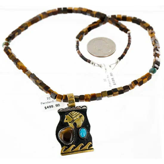 12kt Gold Filled And .925 Sterling Silver Handmade Bear Wave Certified Authentic Navajo Natural Turquoise and Tigers Eye Native American Necklace 24146 12kt Gold Filled And .925 Sterling Silver Handmade Bear Wave Certified Authentic Navajo Natural Turquoise and Tigers Eye Native American Necklace 24146