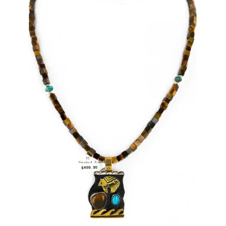 12kt Gold Filled And .925 Sterling Silver Handmade Bear Wave Certified Authentic Navajo Natural Turquoise and Tigers Eye Native American Necklace 24146 12kt Gold Filled And .925 Sterling Silver Handmade Bear Wave Certified Authentic Navajo Natural Turquoise and Tigers Eye Native American Necklace 24146