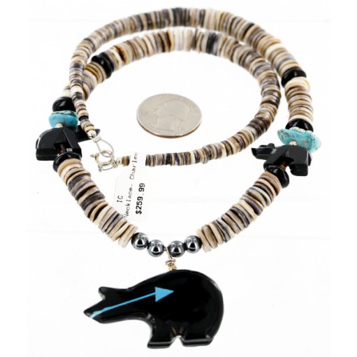 Carved Bear Navajo .925 Sterling Silver Graduated Heishi Turquoise Black Onyx and Hematite Native American Necklace 25226-1 Carved Bear Navajo .925 Sterling Silver Graduated Heishi Turquoise Black Onyx and Hematite Native American Necklace 25226-1