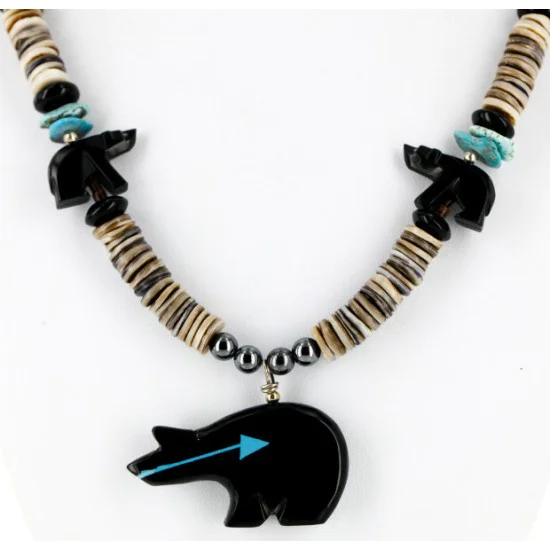 Certified Authentic Carved Bear Navajo .925 Sterling Silver Graduated Heishi Turquoise Black Onyx and Hematite Native American Necklace 25226-1
