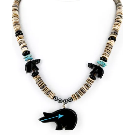 Certified Authentic Carved Bear Navajo .925 Sterling Silver Graduated Heishi Turquoise Black Onyx and Hematite Native American Necklace 25226-1