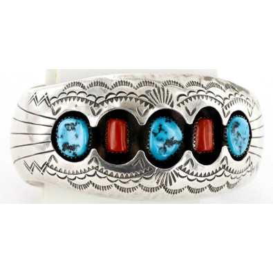 Certified Authentic Navajo .925 Sterling Silver Coral Turquoise Signed BENALLY Native American Bracelet 1293 Certified Authentic Navajo .925 Sterling Silver Coral Turquoise Signed BENALLY Native American Bracelet 1293