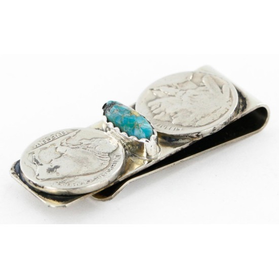2 Vintage Style OLD Buffalo Coin Handmade Certified Authentic Navajo .925 Sterling Silver and Nickel Natural Turquoise Native American Money Clip 11244-4 All Products 371190398427 11244-4 (by LomaSiiva)