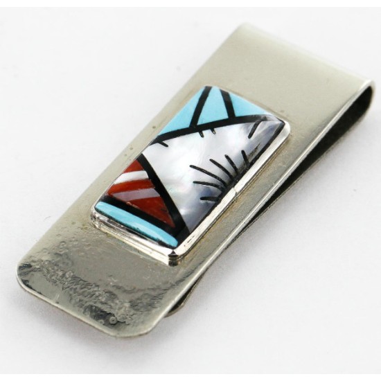 Handmade Certified Authentic Signed Navajo Nickel Inlaid Natural Turquoise Coral Mother of Pearl and Black Onyx Native American Money Clip 11245 Handmade Certified Authentic Signed Navajo Nickel Inlaid Natural Turquoise Coral Mother of Pearl and Black Onyx Native American Money Clip 11245