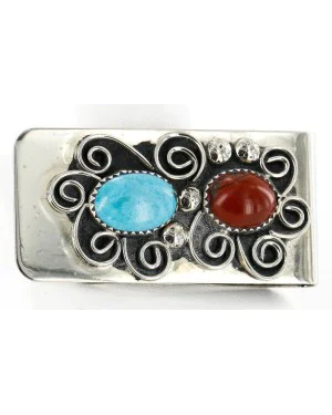 Handmade Flower Certified Authentic Signed Navajo Nickel Natural Turquoise and Jasper Native American Money Clip 11228 Handmade Flower Certified Authentic Signed Navajo Nickel Natural Turquoise and Jasper Native American Money Clip 11228