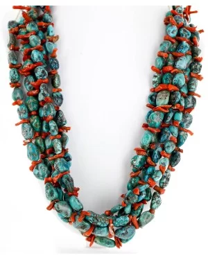 5 Strand Navajo Natural Turquoise and Mediterranean Coral Native American Necklace 15737-0 5 Strand Navajo Natural Turquoise and Mediterranean Coral Native American Necklace 15737-0