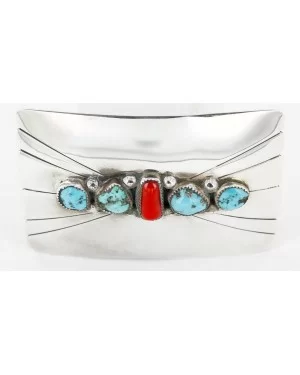 Certified Authentic Navajo .925 Sterling Silver Natural Turquoise and Coral Native American Buckle 1195 Certified Authentic Navajo .925 Sterling Silver Natural Turquoise and Coral Native American Buckle 1195
