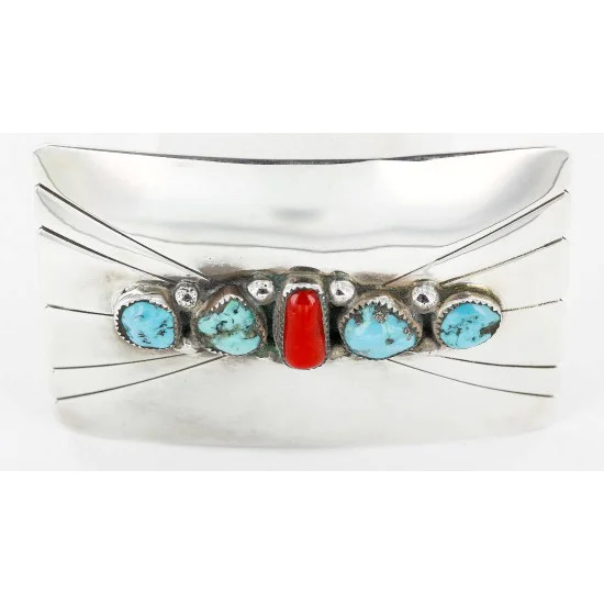 Certified Authentic Navajo .925 Sterling Silver Natural Turquoise and Coral Native American Buckle 1195 Certified Authentic Navajo .925 Sterling Silver Natural Turquoise and Coral Native American Buckle 1195