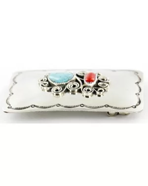 Certified Authentic Flower Navajo Nickel Natural Turquoise and Coral Native American Buckle 1192-2