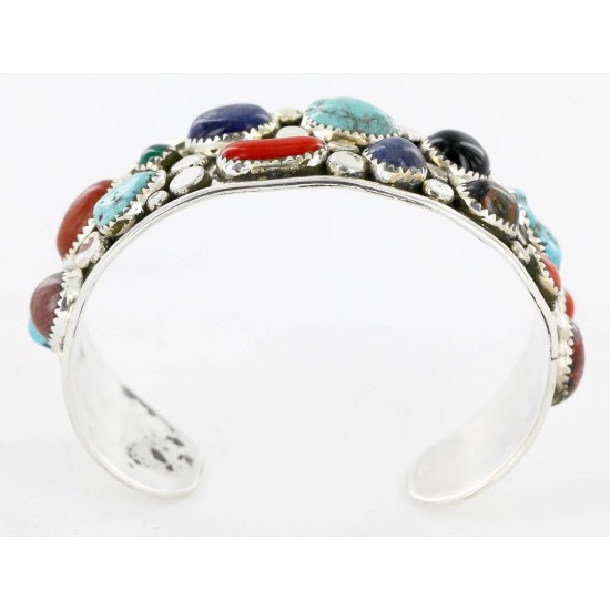 Handmade Certified Authentic Navajo .925 Sterling Silver Natural Multicolor Stones and Turquoise Native American Bracelet 12782 All Products 371202316545 12782 (by LomaSiiva)