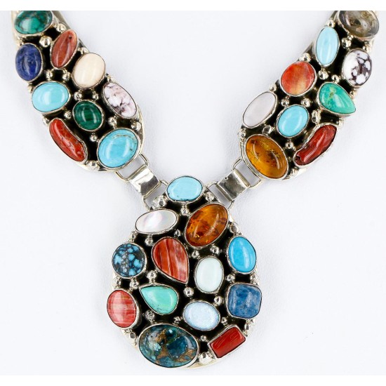 .925 Sterling Silver Handmade Certified Authentic Navajo Multicolor Natural Turquoise, Coral, Lapis Native American Necklace 17890 All Products 371220021467 17890 (by LomaSiiva)