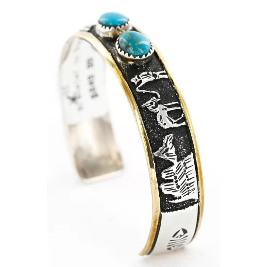 12kt Gold Filled and .925 Sterling Silver Handmade Storyteller Certified Authentic Navajo Turquoise Native American Bracelet 12638 12kt Gold Filled and .925 Sterling Silver Handmade Storyteller Certified Authentic Navajo Turquoise Native American Bracelet 12638