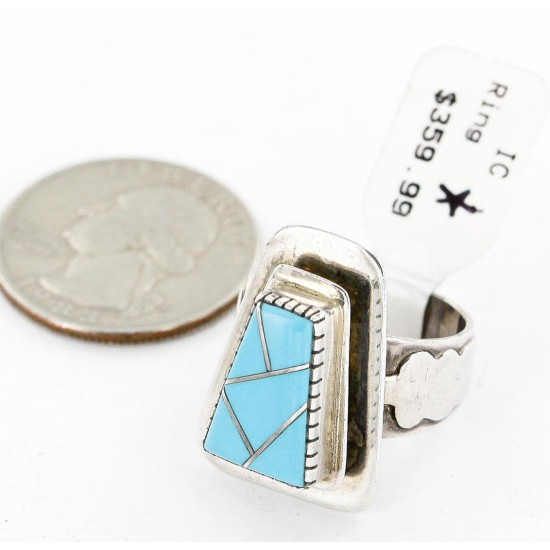 Handmade Certified Authentic Navajo .925 Sterling Silver Signed Inlaid Natural Turquoise Native American Ring  16516