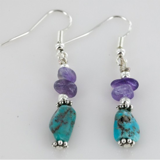 Certified Authentic Navajo .925 Sterling Silver Hooks Natural Turquoise Amethyst Native American Earrings 18055 All Products 18055 18055 (by LomaSiiva)