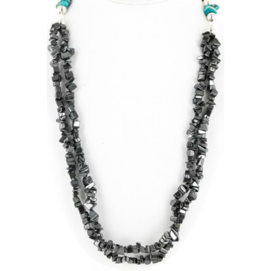 Certified Authentic 2 Strand Navajo .925 Sterling Silver Turquoise and Hematite Native American Necklace 16008 Certified Authentic 2 Strand Navajo .925 Sterling Silver Turquoise and Hematite Native American Necklace 16008