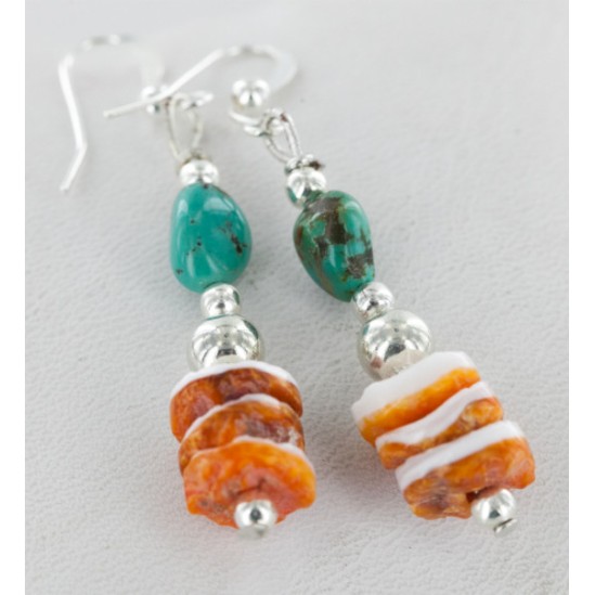 Certified Authentic Navajo .925 Sterling Silver Hooks Natural Turquoise Spiny Oyster Native American Earrings 18064 Certified Authentic Navajo .925 Sterling Silver Hooks Natural Turquoise Spiny Oyster Native American Earrings 18064