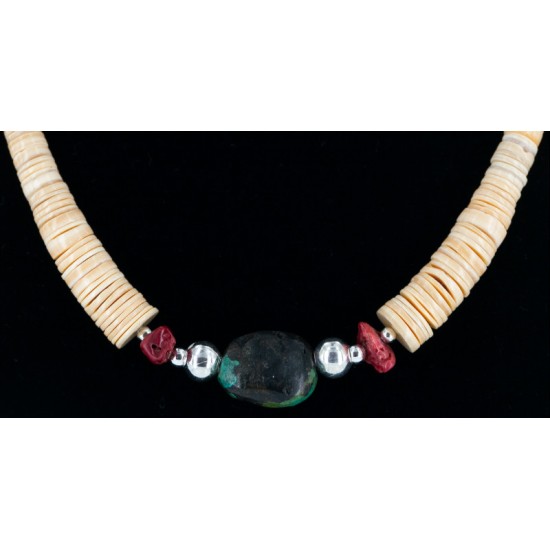 $250 Certified Authentic Navajo .925 Sterling Silver Graduated Heishi Turquoise and Coral Native American Necklace 25240 All Products 25240 25240 (by LomaSiiva)