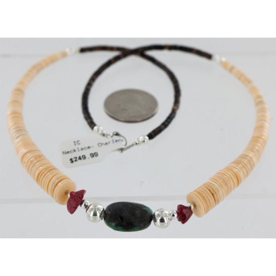 $250 Certified Authentic Navajo .925 Sterling Silver Graduated Heishi Turquoise and Coral Native American Necklace 25240 All Products 25240 25240 (by LomaSiiva)