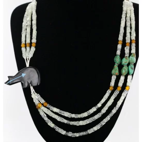 Certified Authentic 3 Strand Navajo .925 Sterling Silver Turquoise Quartz and Onyx Native American Necklace 25243