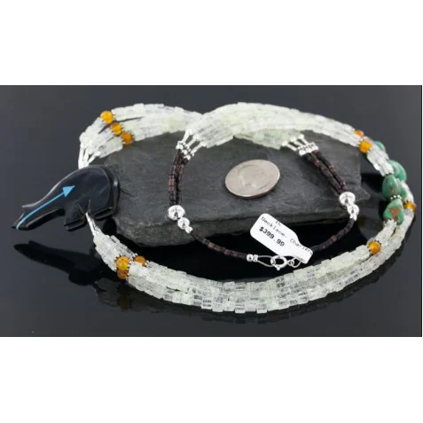 Certified Authentic 3 Strand Navajo .925 Sterling Silver Turquoise Quartz and Onyx Native American Necklace 25243