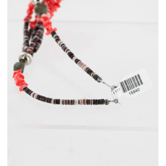 Certified Authentic 5 Strand Twisted Navajo .925 Sterling Silver Turquoise and Coral Native American Necklace 1594055
